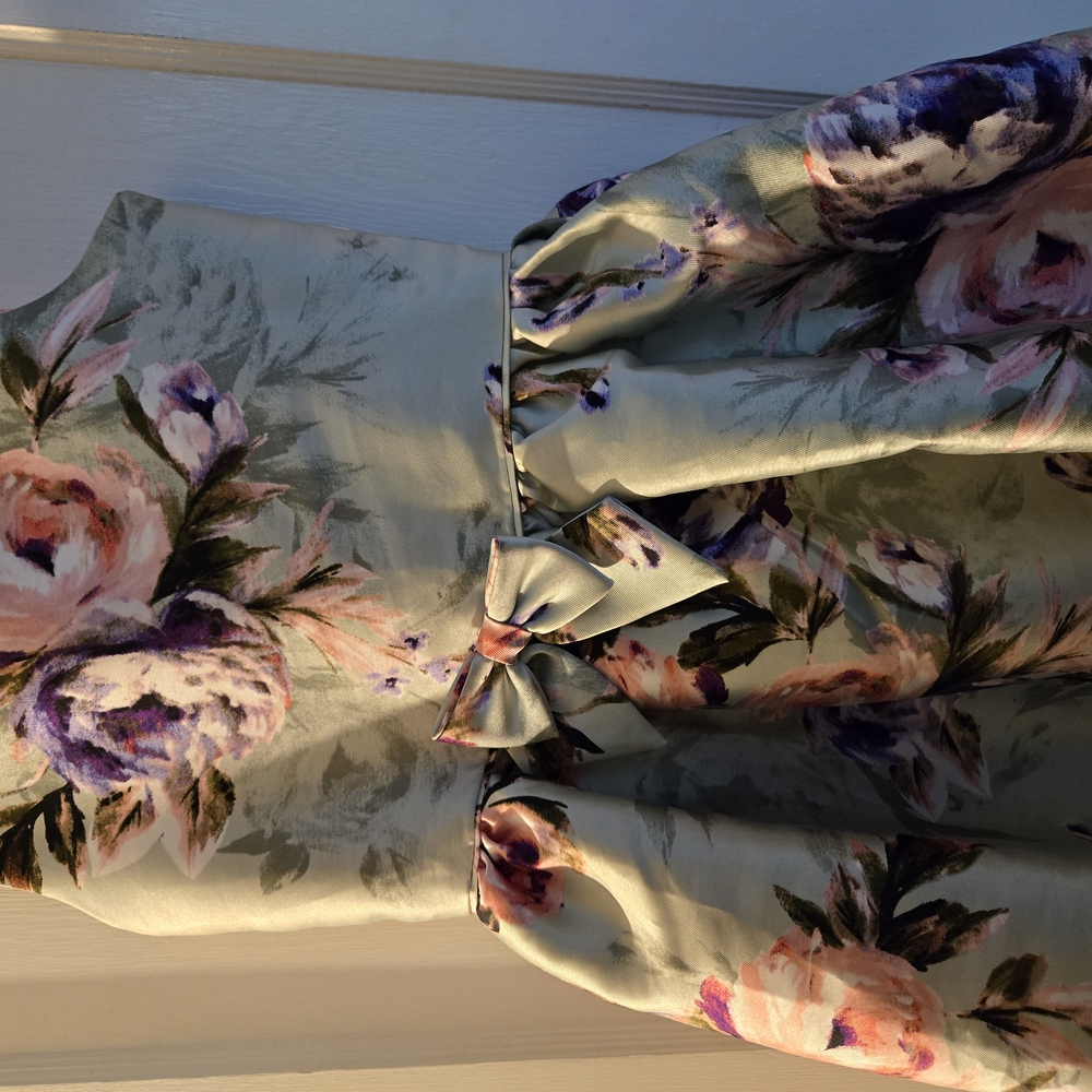 Floral Satin Bow Waist Dress in Light Sage